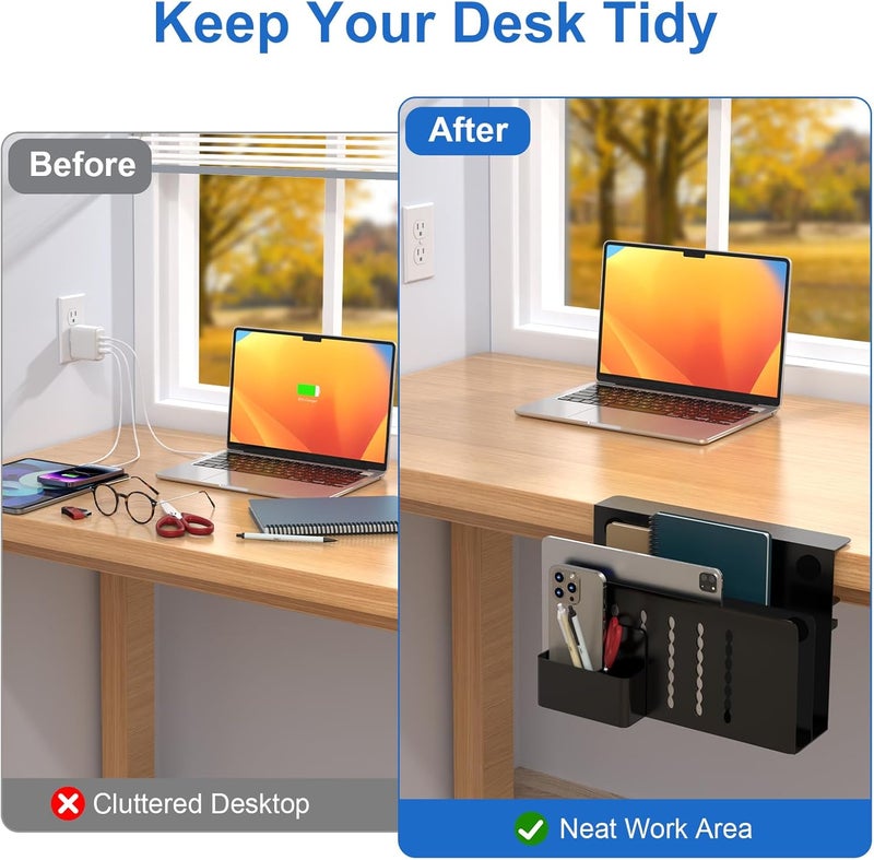 HAMOPY Desk Side Storage, 2 Tier Steel Hanging Desk Organizer with Magnetic Pen Holder, No Drilling Standing Desk Drawer Cable Management Tray, Under Desk Laptop Holder for Office, School&Home (Black) - Image 4